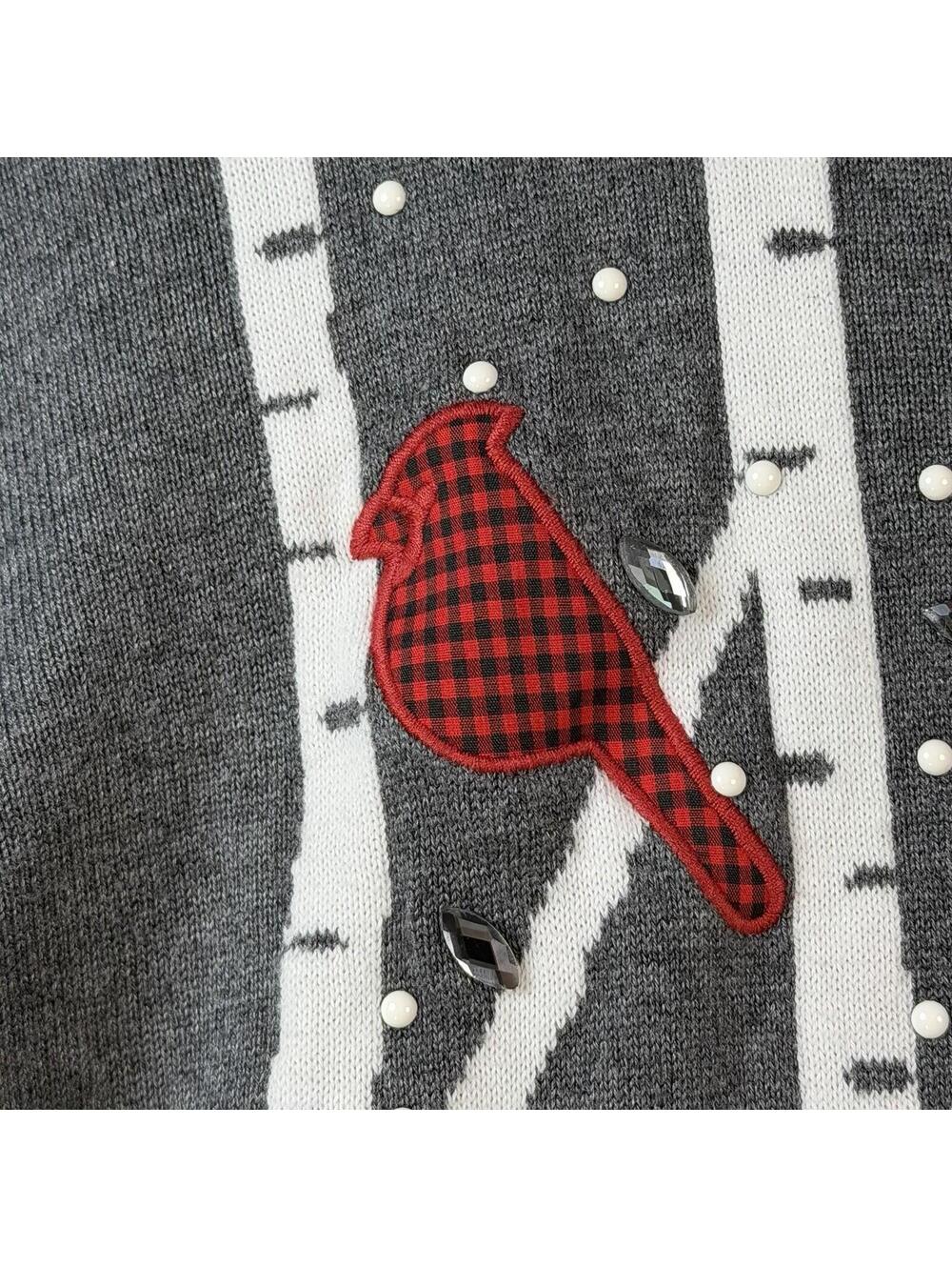 CJ Banks Gray Women’s Sweater Button Up Cardigan Red Cardinals 1X Birch Trees - Picture 2 of 9